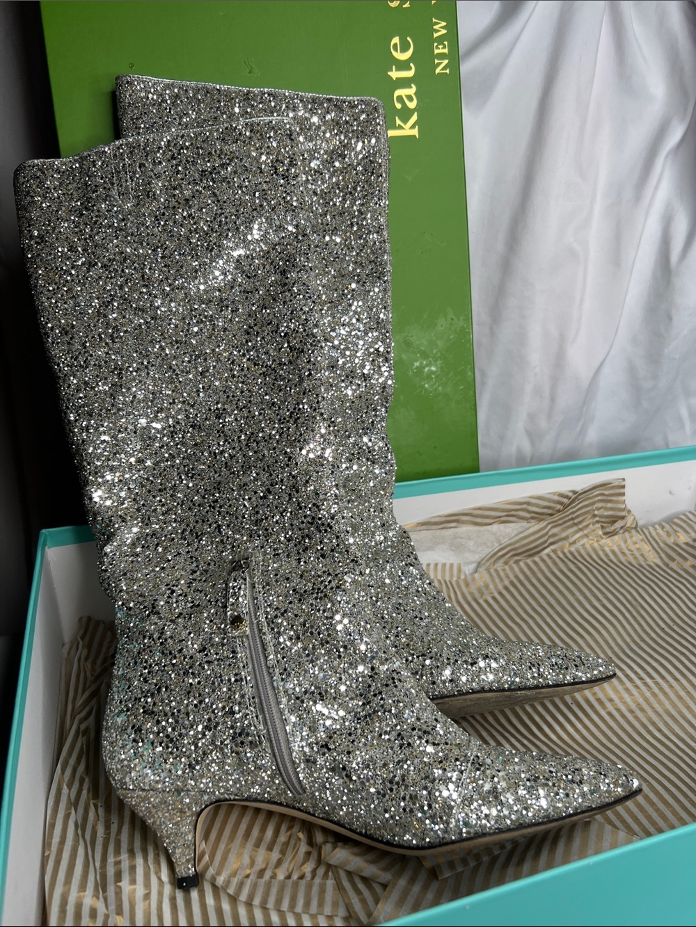 Kate Spade Olina Silver Glitter Tall Boots Kitten Heels In Box 8.5 - Picture 11 of 17